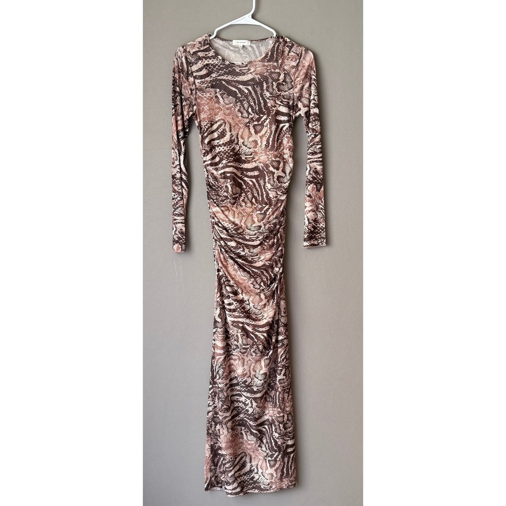 No Comment L‎ Brown Animal Print Mesh Ruched Bodycon Maxi Dress Rave Festival